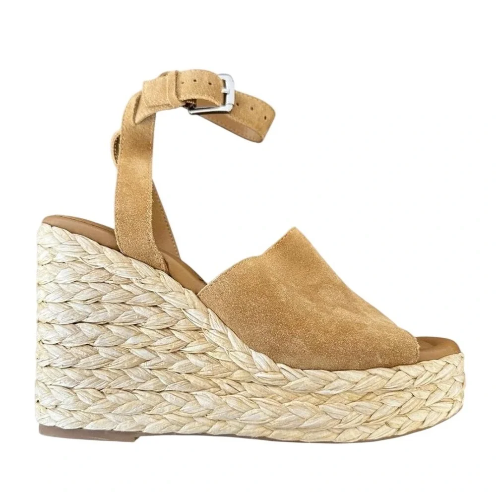 Marc Fisher LTD Nelly Tan Suede Espadrille chunky Wedge Sandals Platform Sz 7.5